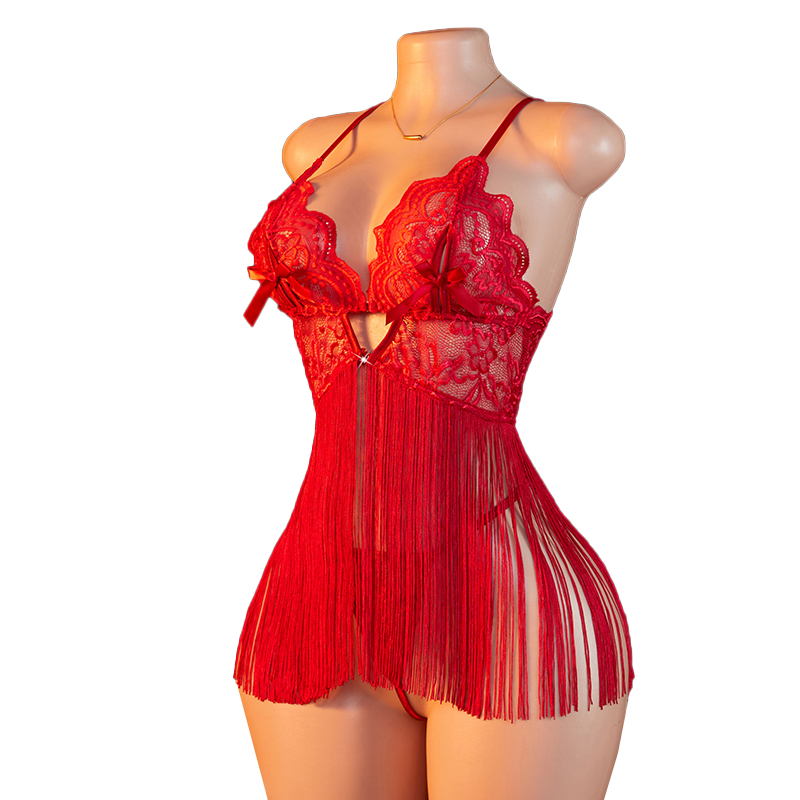 Summer Clothing Sets Women - Przezroczysta koronkowa damska czerwona sukienka nocna
